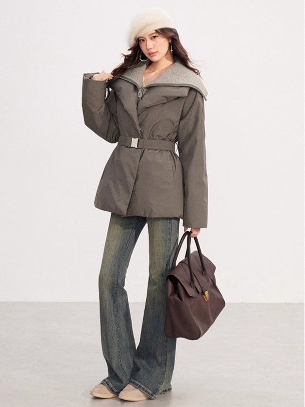 Belted Contrast-Knit Collar Down Coat