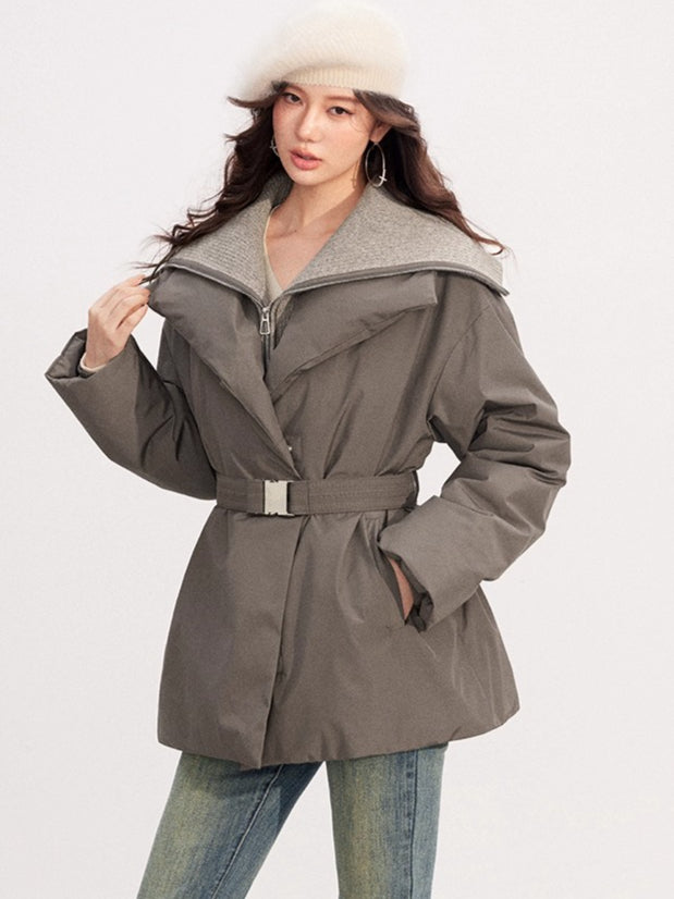 Belted Contrast-Knit Collar Down Coat
