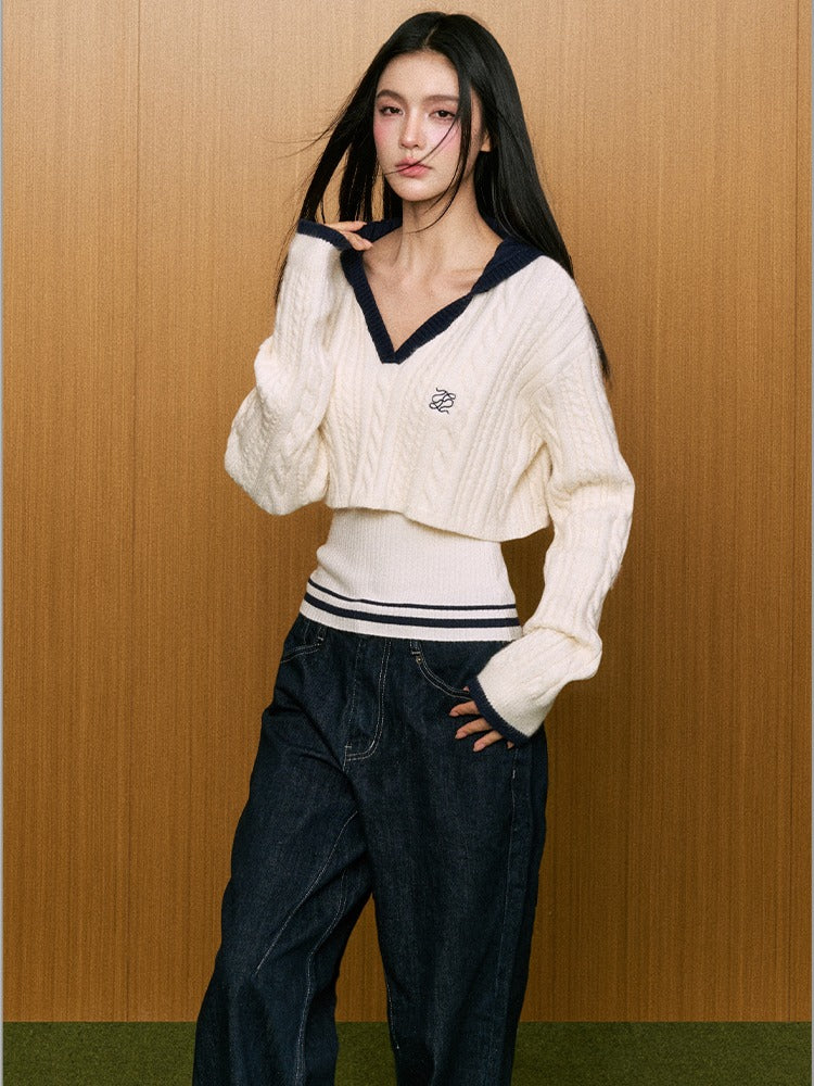 True Two-Piece Contrast Design Hooded Crop Sweater - CHINASQUAD