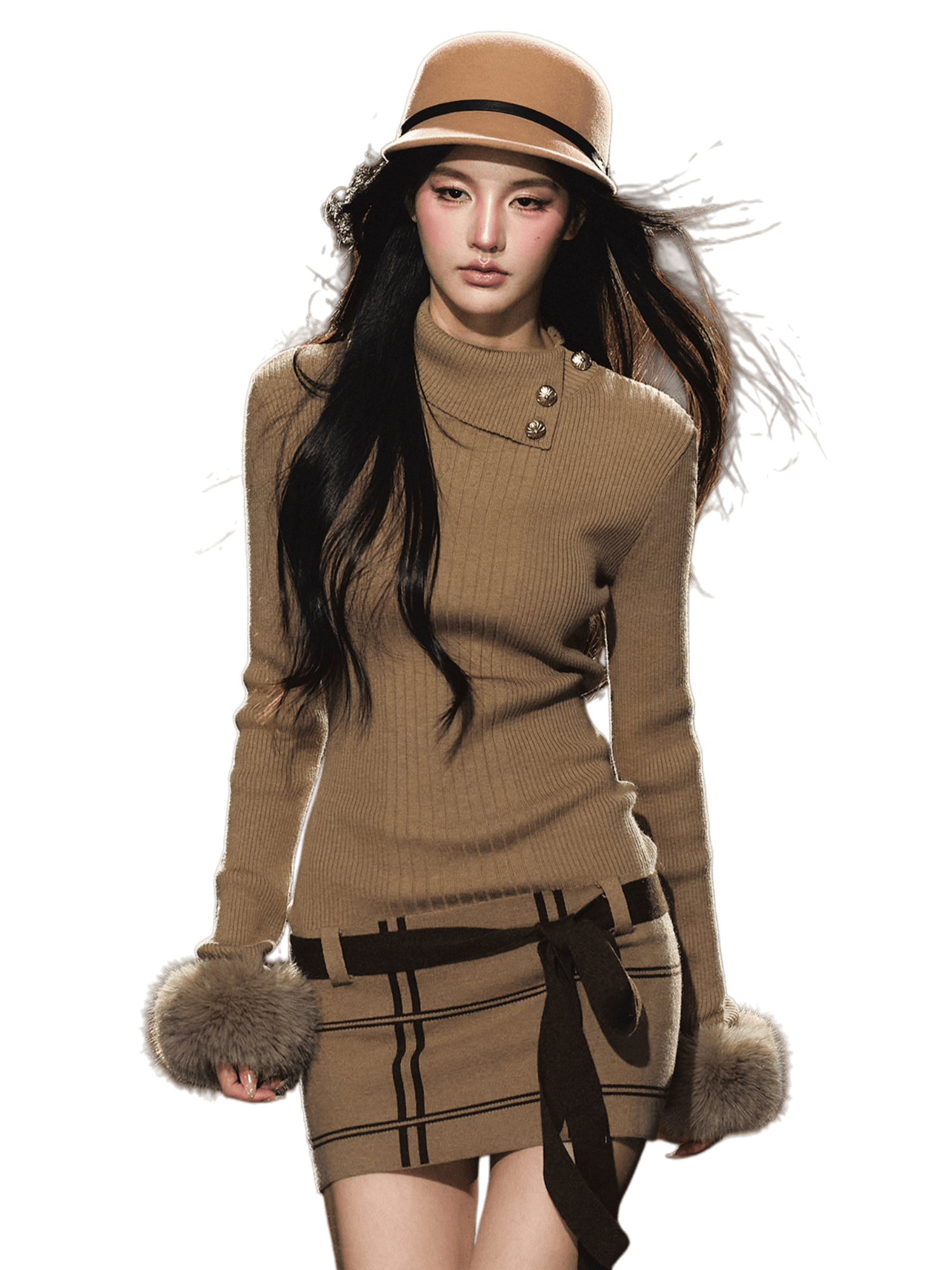 Faux Fur Cuff High-Neck Knit Dress