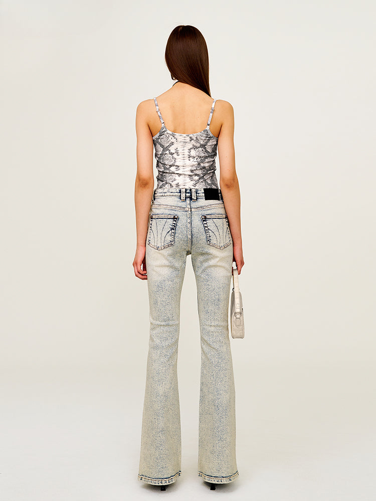 Retro Washed Elastic Flared Mid-Waist Long Pants