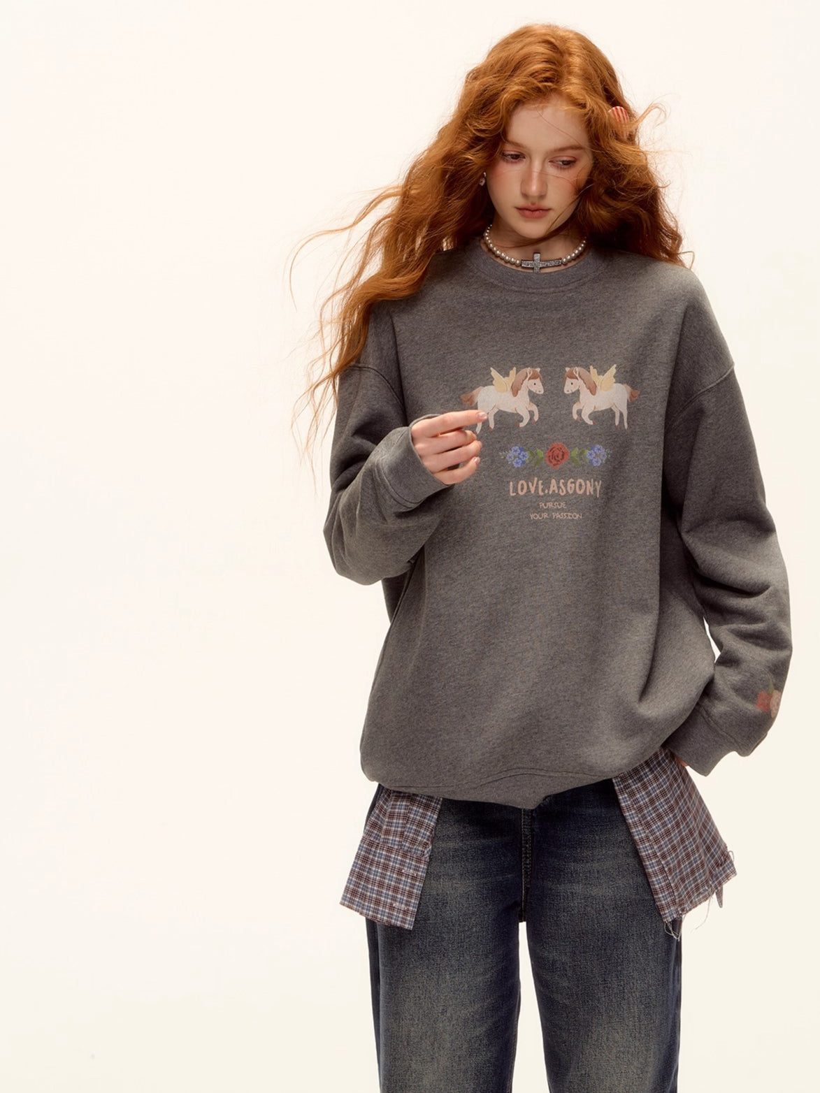 Floral Pony Print Fleece-Lined Pullover Sweatshirt