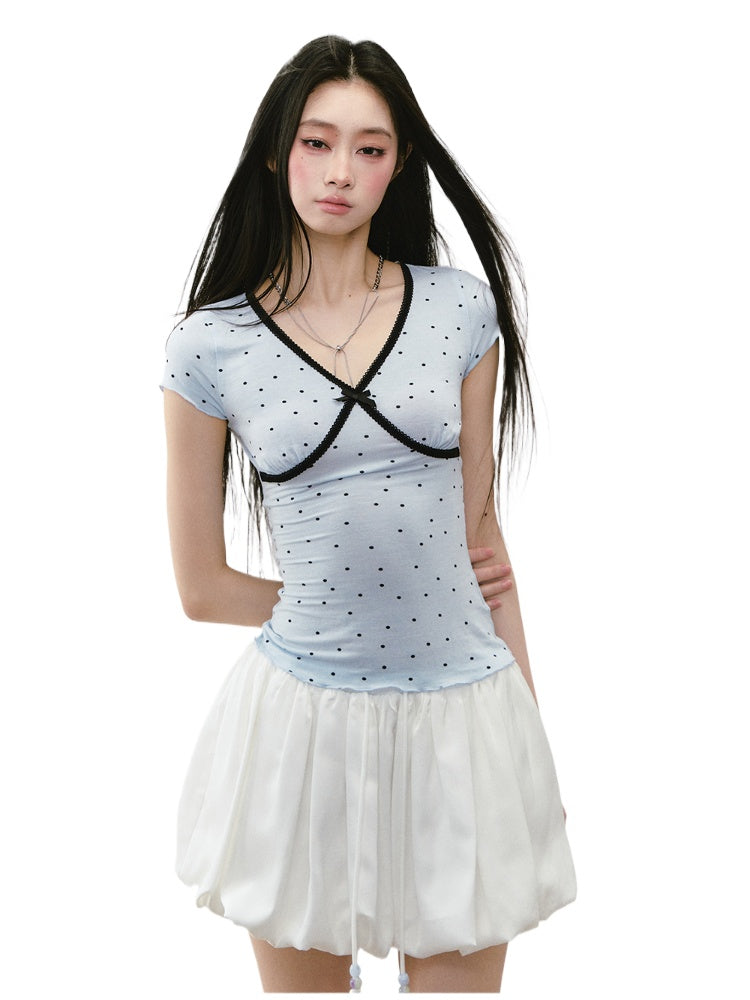 Waist-Cinched Polka Dot Short Sleeve T-shirt - CHINASQUAD