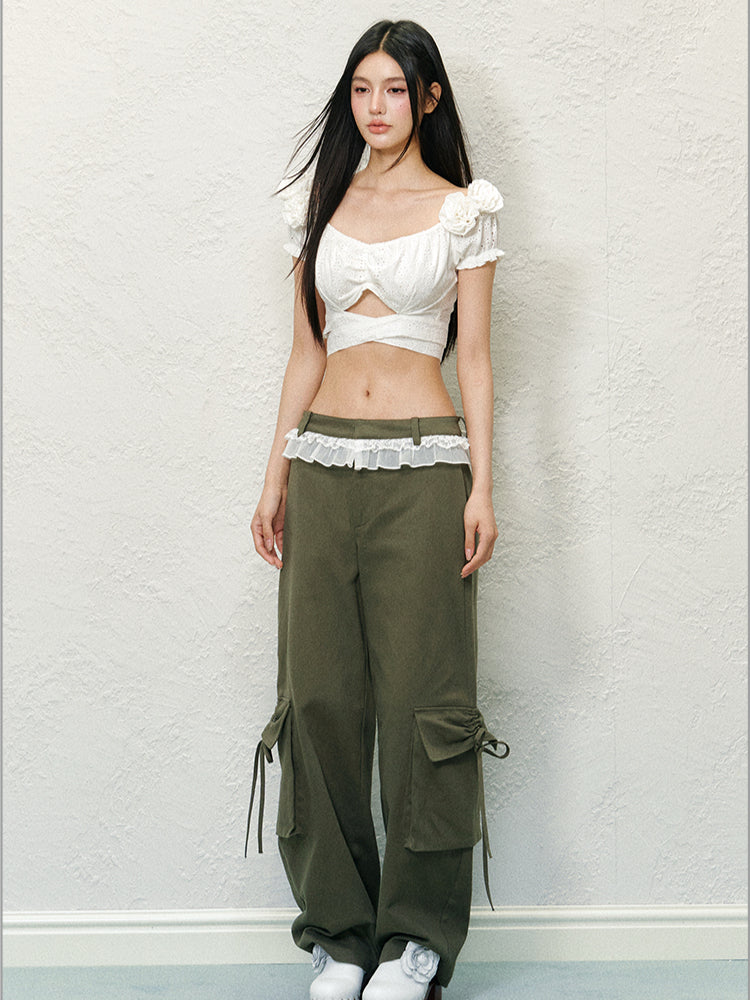 Color Block Large Pocket Lace Work Pants - CHINASQUAD