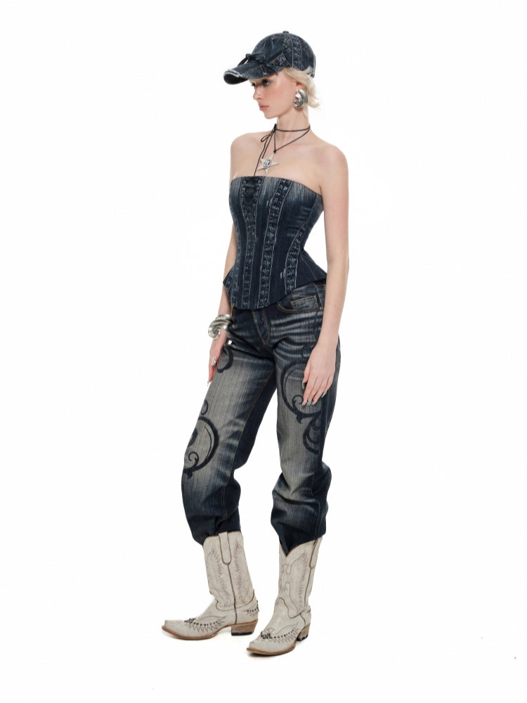 Denim Blue & Black Printed Fishtail Corset - CHINASQUAD