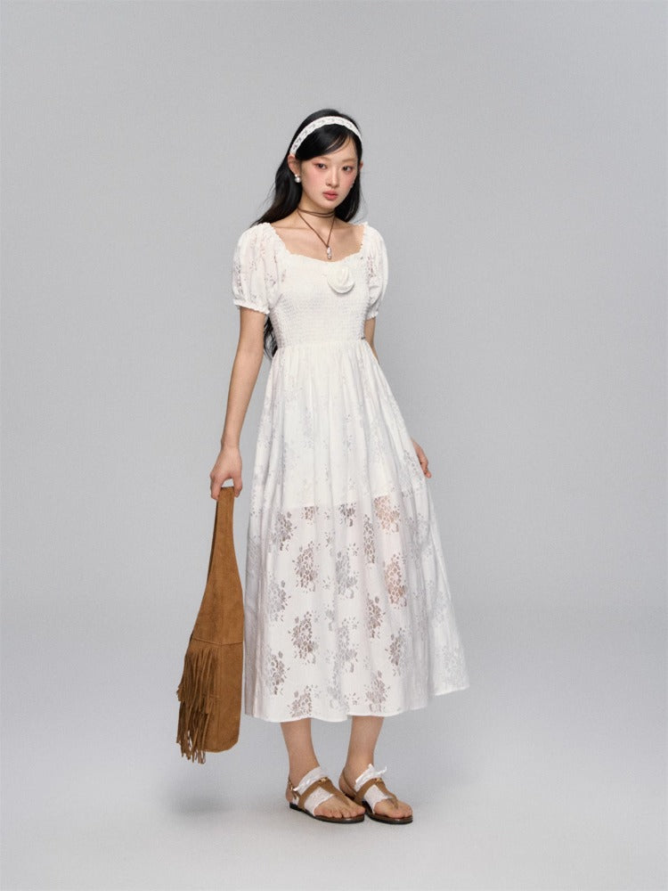 Puff-Sleeve Flower Hollowed Dress - CHINASQUAD