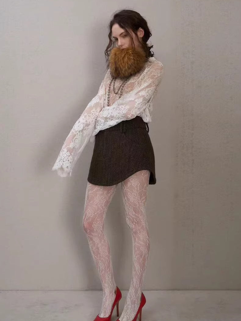 Layered Ribbed Lace-Trim Crewneck T-Shirt