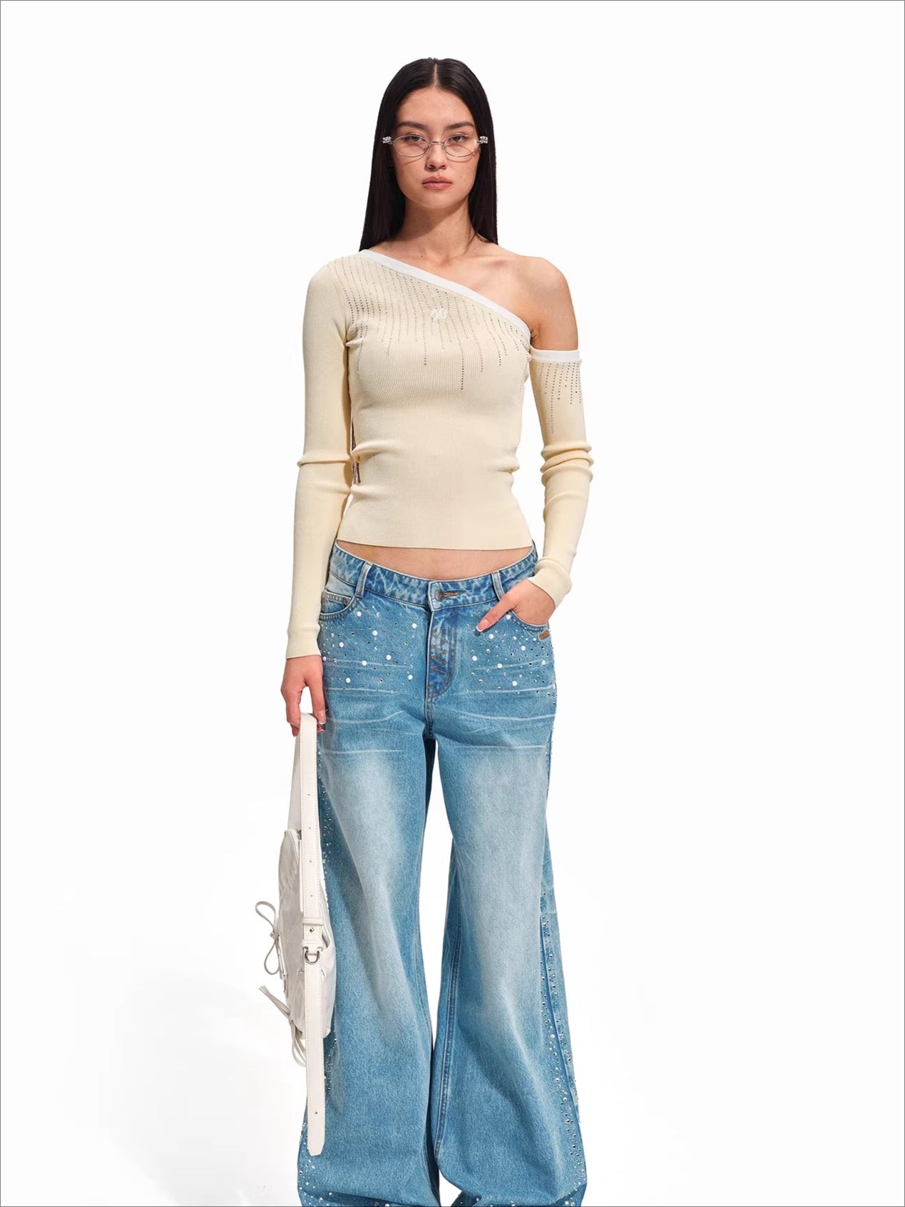 Asymmetric Off-Shoulder Sculpt Knit Crewneck