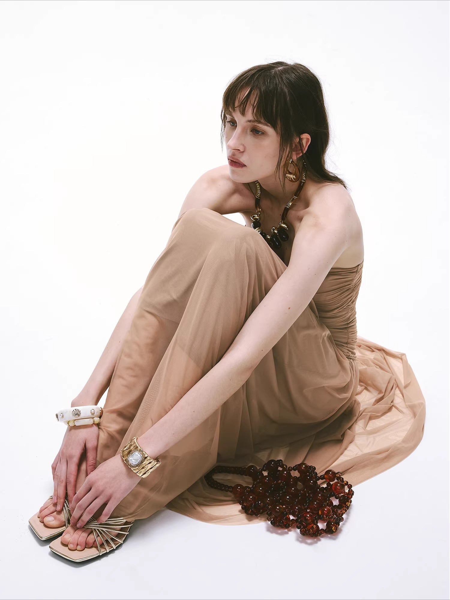 Cool-Goddess Strapless Braided Ruched Maxi Dress