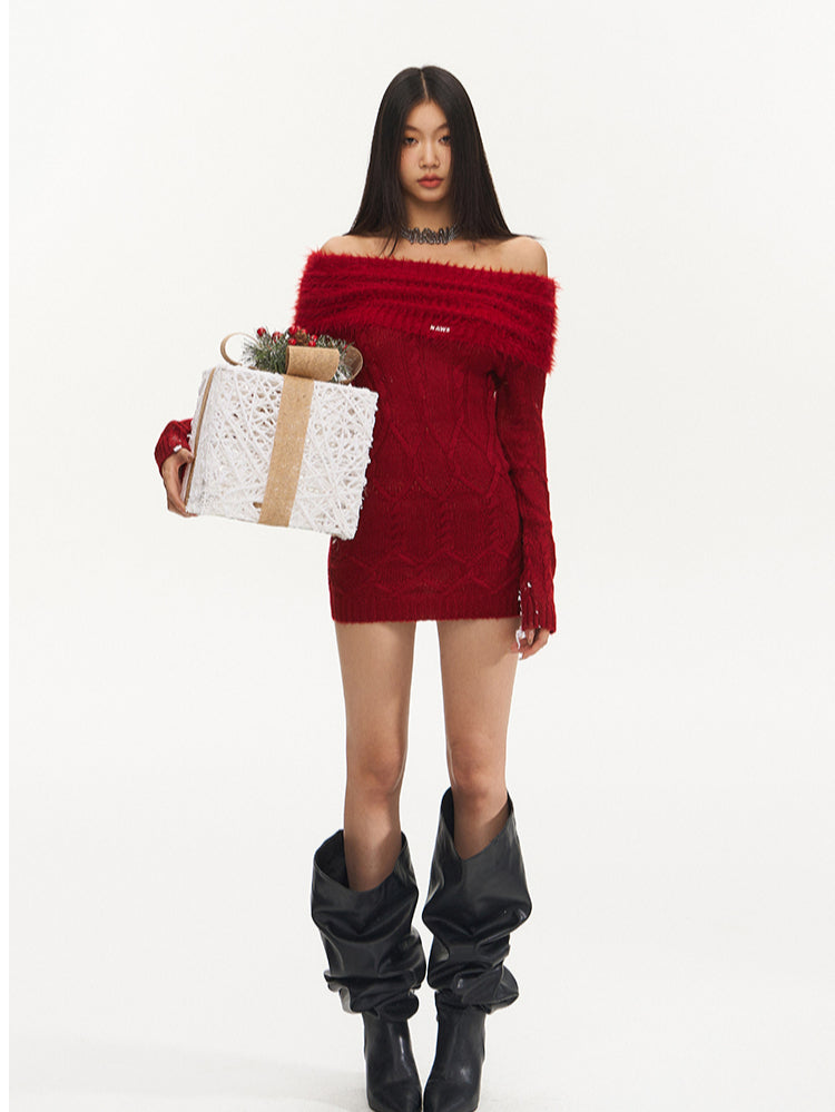 Red Off-Shoulder Mohair Knitted Dress - CHINASQUAD