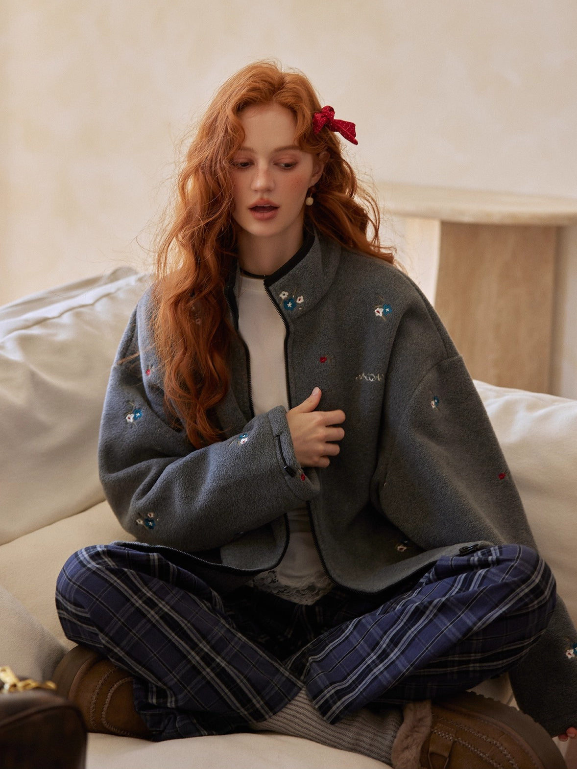 Floral Embroidered Plaid Fleece Oversized Jacket