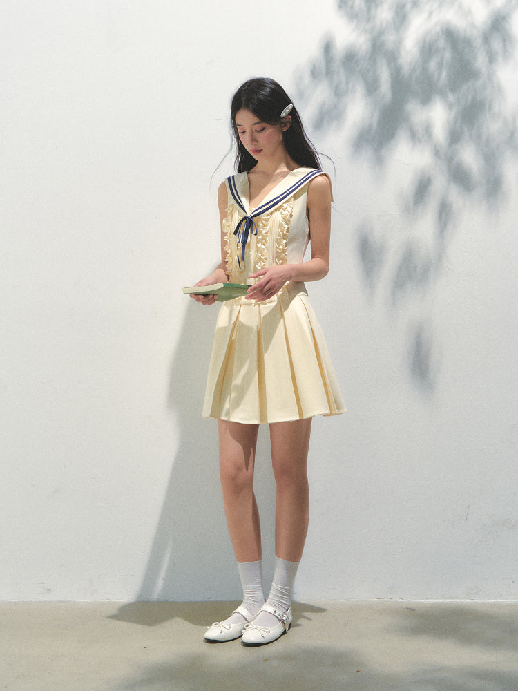 Detachable Sailor-collar Pleated Dress - CHINASQUAD