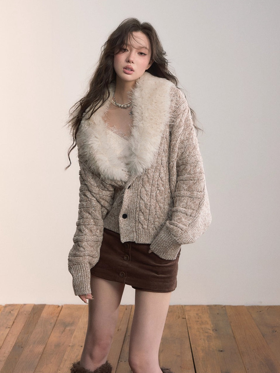 Detachable Faux Fur Collar Knit Cardigan - CHINASQUAD
