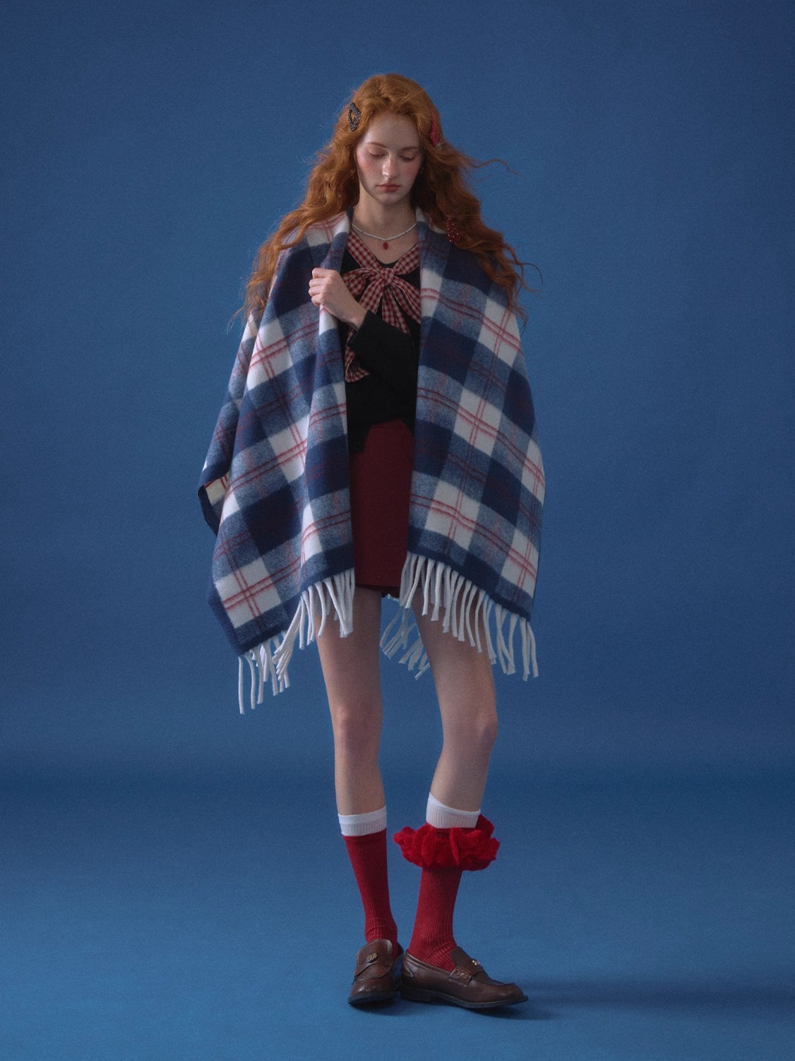 Color-Block Plaid Tassel Shawl Scarf - CHINASQUAD