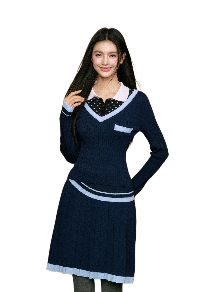 Faux Two-Piece Polka Dot Polo Shirt & Pleated Skirt Set - CHINASQUAD