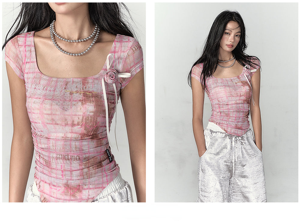 Pink & Yellow & Black Fitted Plaid Square Neck Top - CHINASQUAD