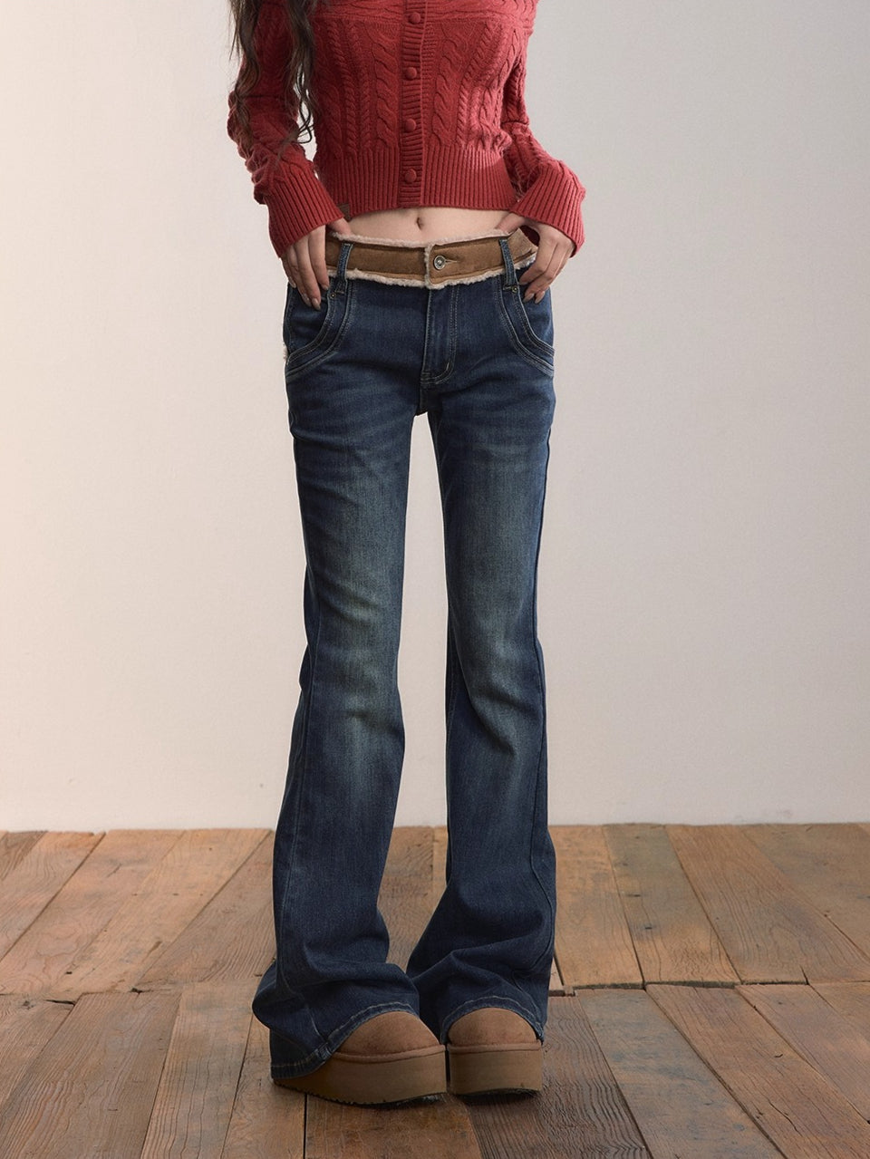Contrast Panel Faux Fur Waist  Flare Jeans