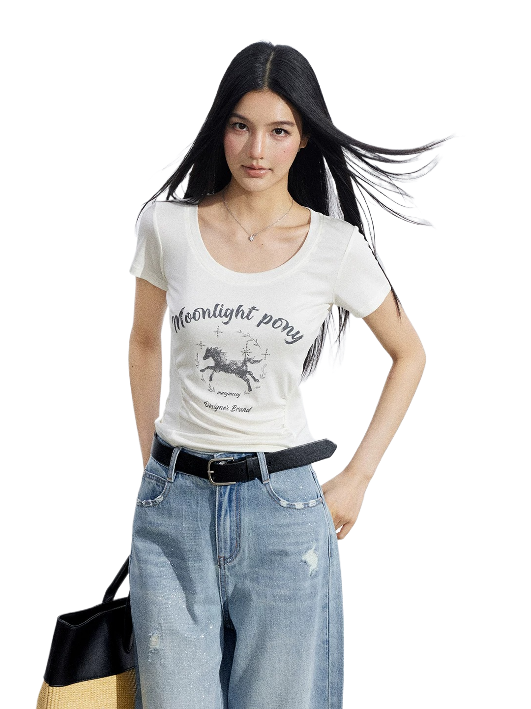 Ice-Silk Lyocell Pony Graphic Fitted T-Shirt