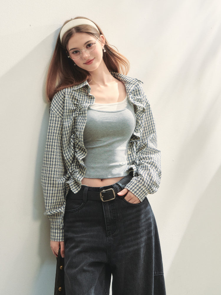 Checkered Contrast Hem Drawstring Pleated Shirt - CHINASQUAD