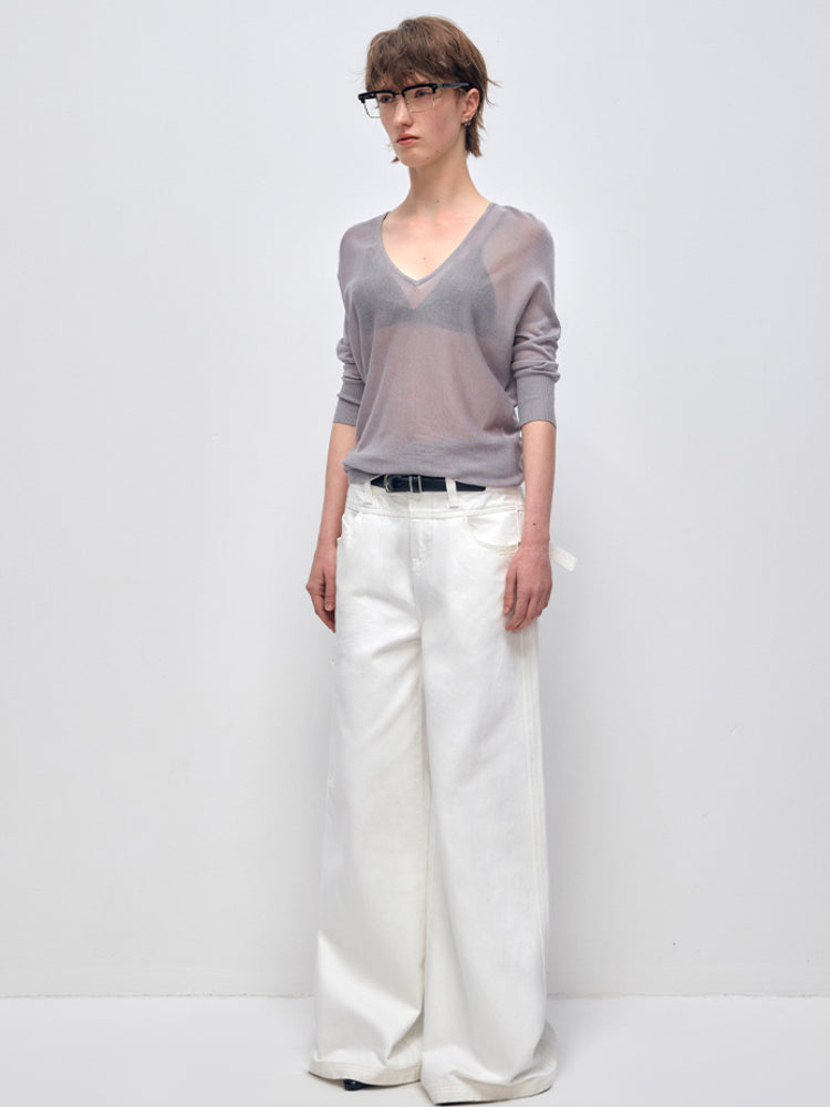 White Cotton Low Waist Wide Leg Jeans - CHINASQUAD