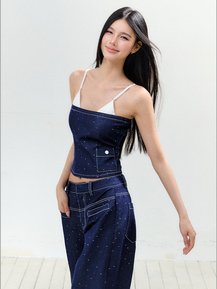 Fake Two-Piece Rhinestone Halter Top & Pant Set - CHINASQUAD