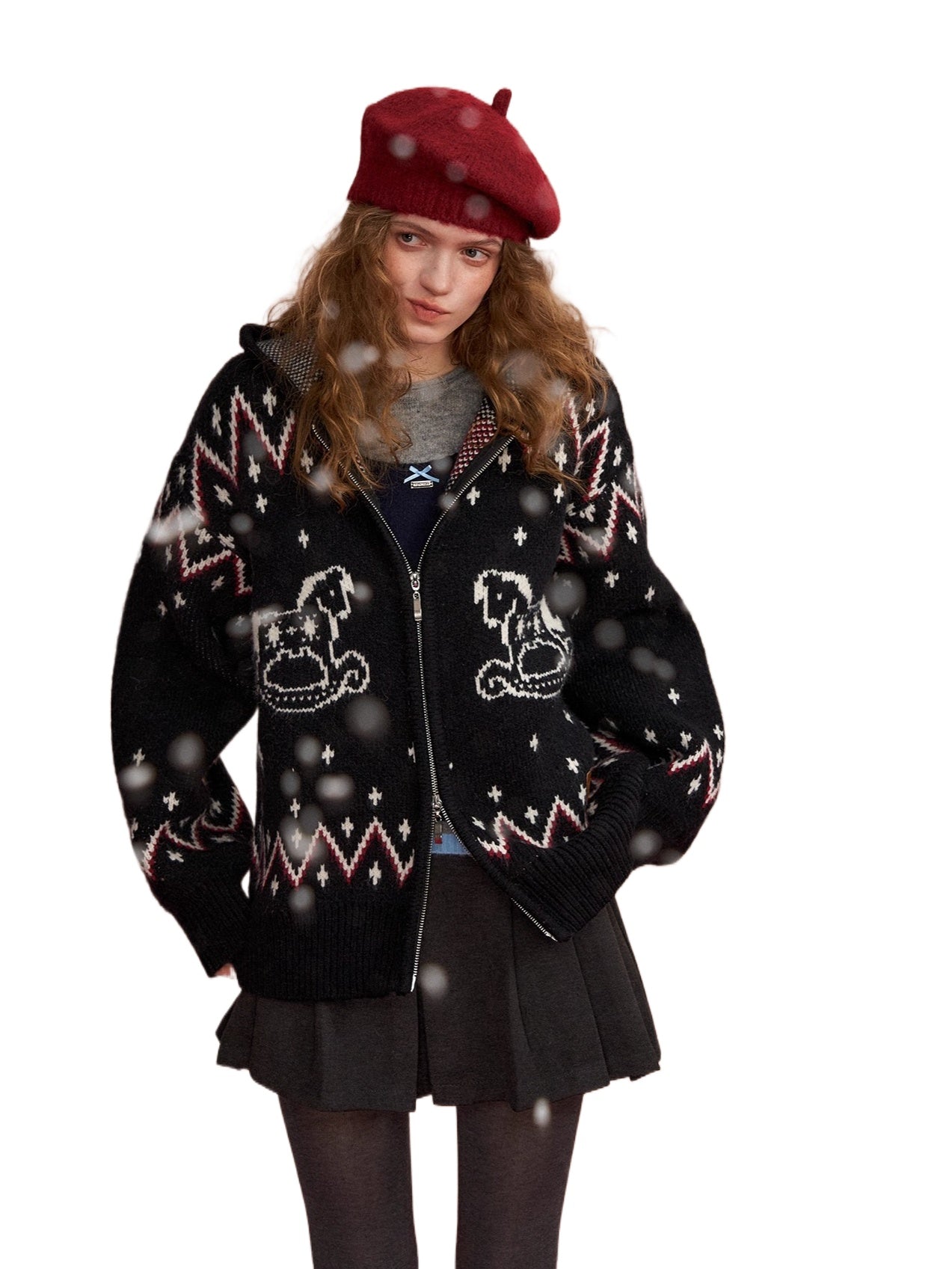 Fair Isle Horse-Pattern Hooded Cardigan