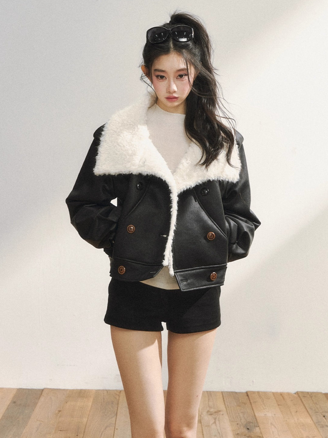 Black Faux Shearling Double-Breasted Leather Jacket