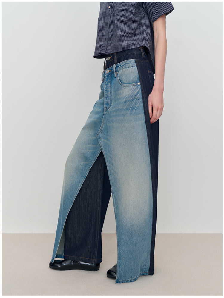 Spliced Fake Two-Piece Wide-Leg Jeans - CHINASQUAD