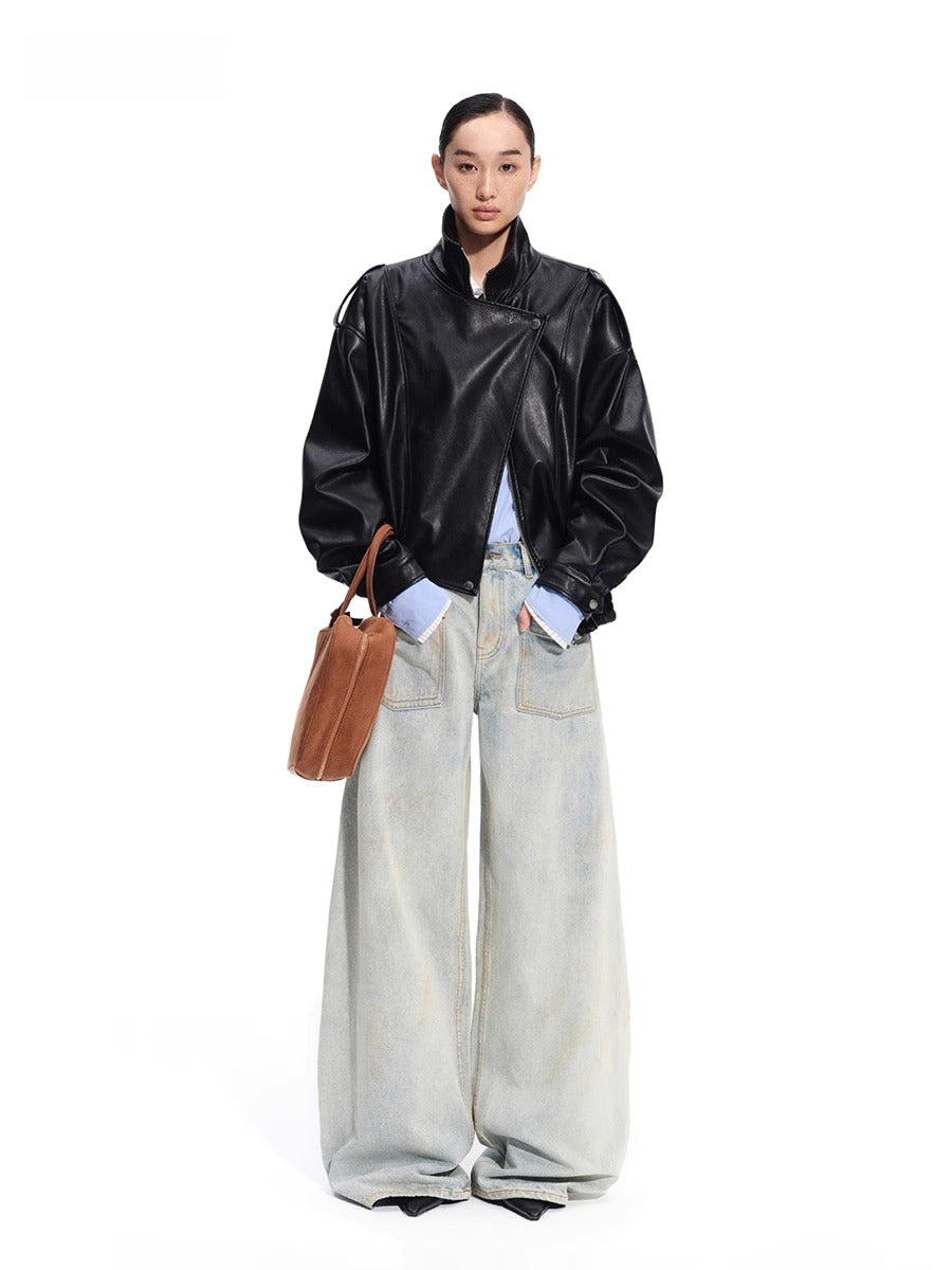 "Rose Series" Oversized Collar Faux Leather Jacket - CHINASQUAD