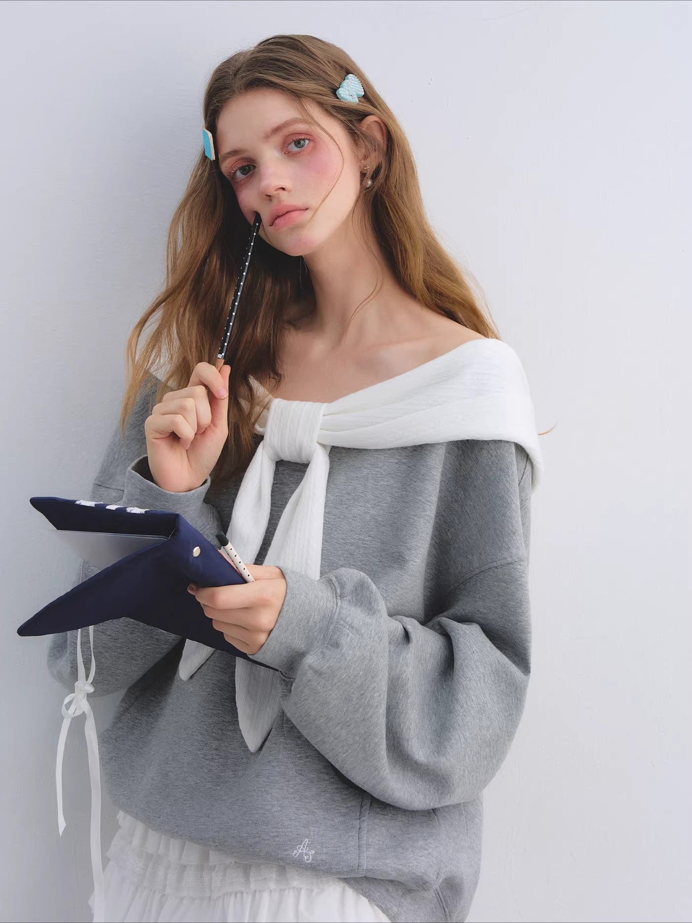 Rabbit-Ear Bow Off-Shoulder Hooded Sweatshirt