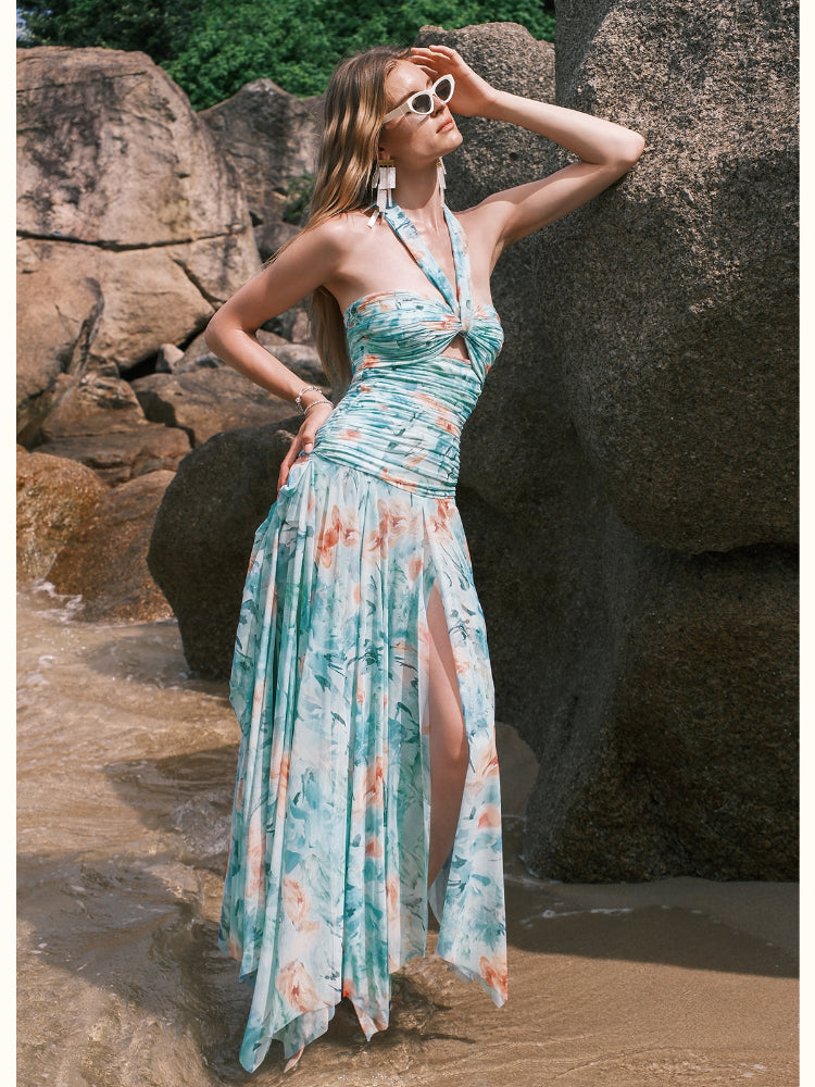 Evelyn Floral Ribbon Neckline Hollow-out Dress - CHINASQUAD