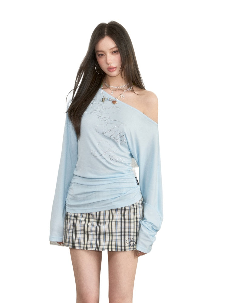 One-Shoulder Rhinestone T-shirt & Tank Top Set - CHINASQUAD