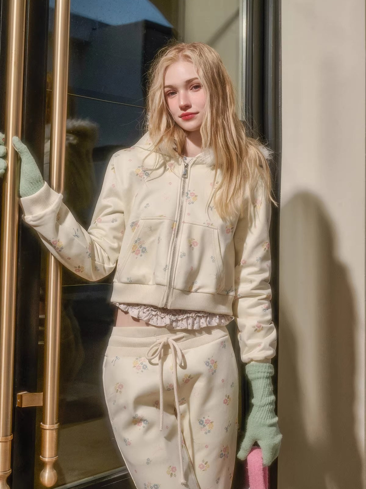 Floral-Trim Hoodie Jacket Set