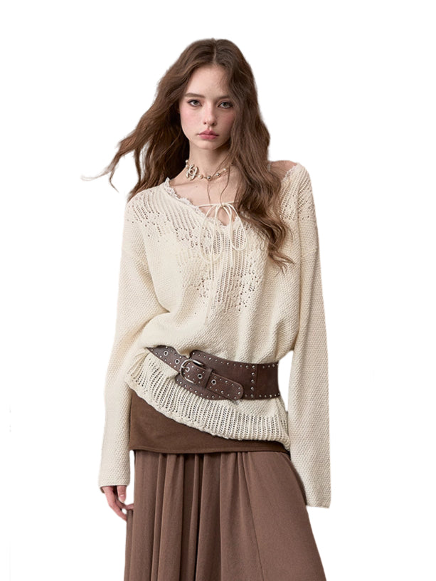 Lace Trim V-Neck Wool Blend Knit Sweater - CHINASQUAD