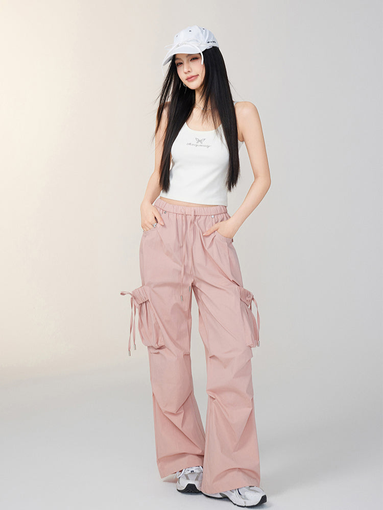 Bowknot Tie Waist Cargo Wide-Leg Pants - CHINASQUAD