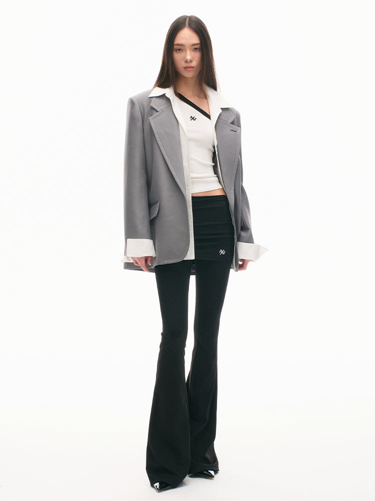 Faux Two-piece Mid-waist Pleated Flared Pants - CHINASQUAD