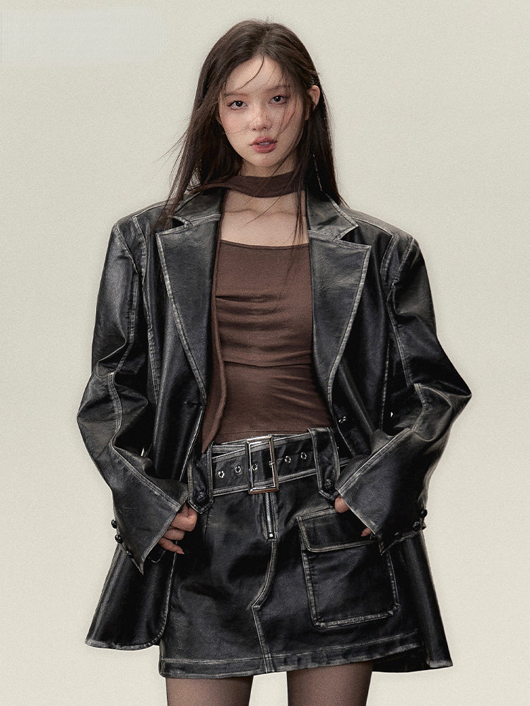 Faux Leather Jacket & Skirt Two-Piece Set - CHINASQUAD