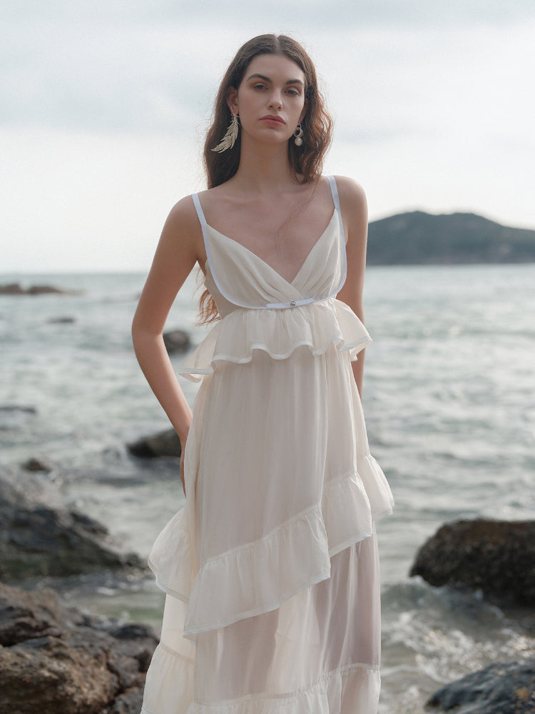 Ruffled Spaghetti Strap Backless Dress - CHINASQUAD