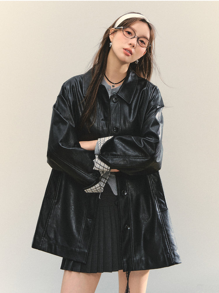 Black H-shaped Cuff Checkered Spliced Leather Jacket - CHINASQUAD