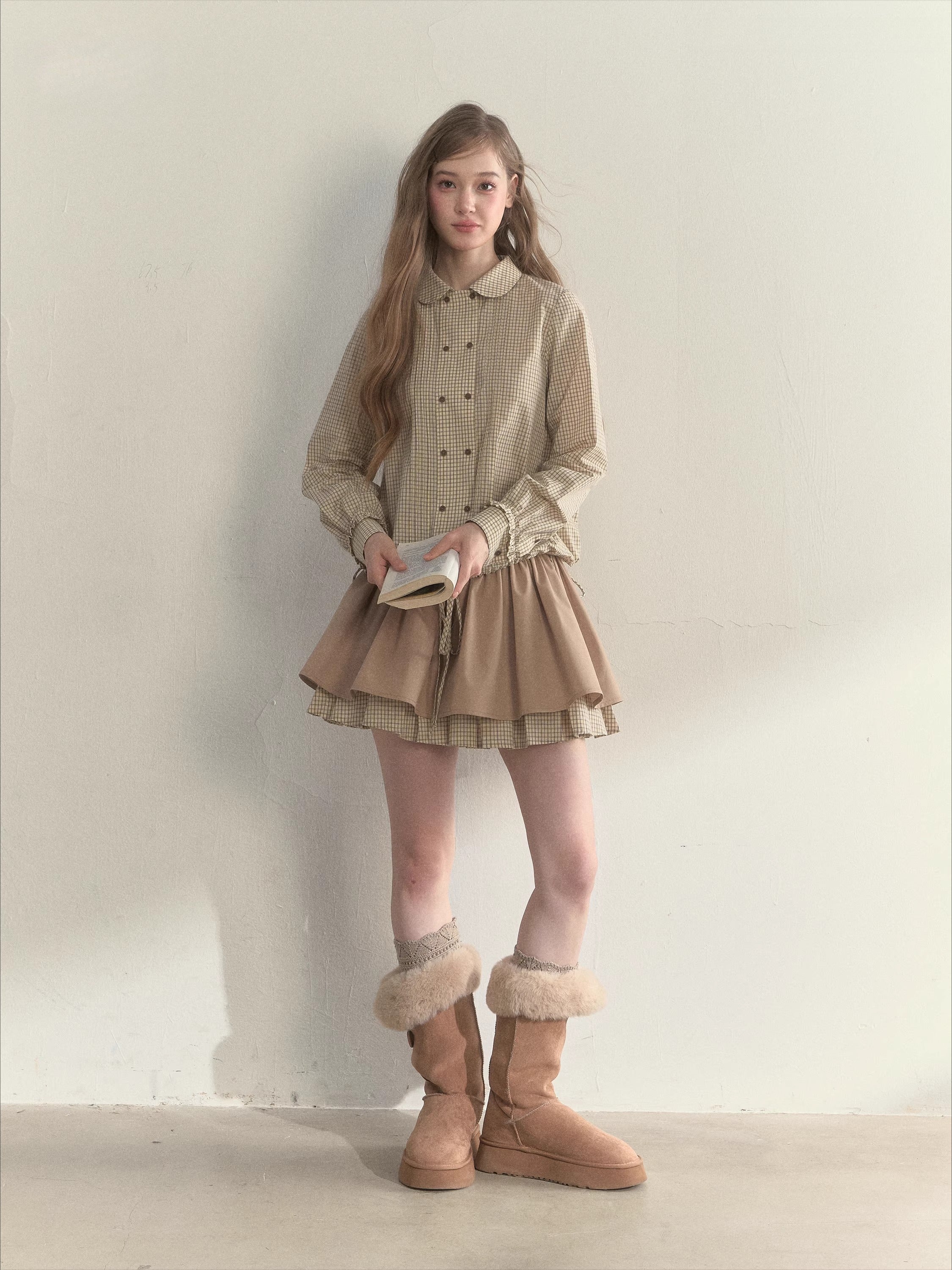 Retro Khaki Double-Layer Pleated Skirt