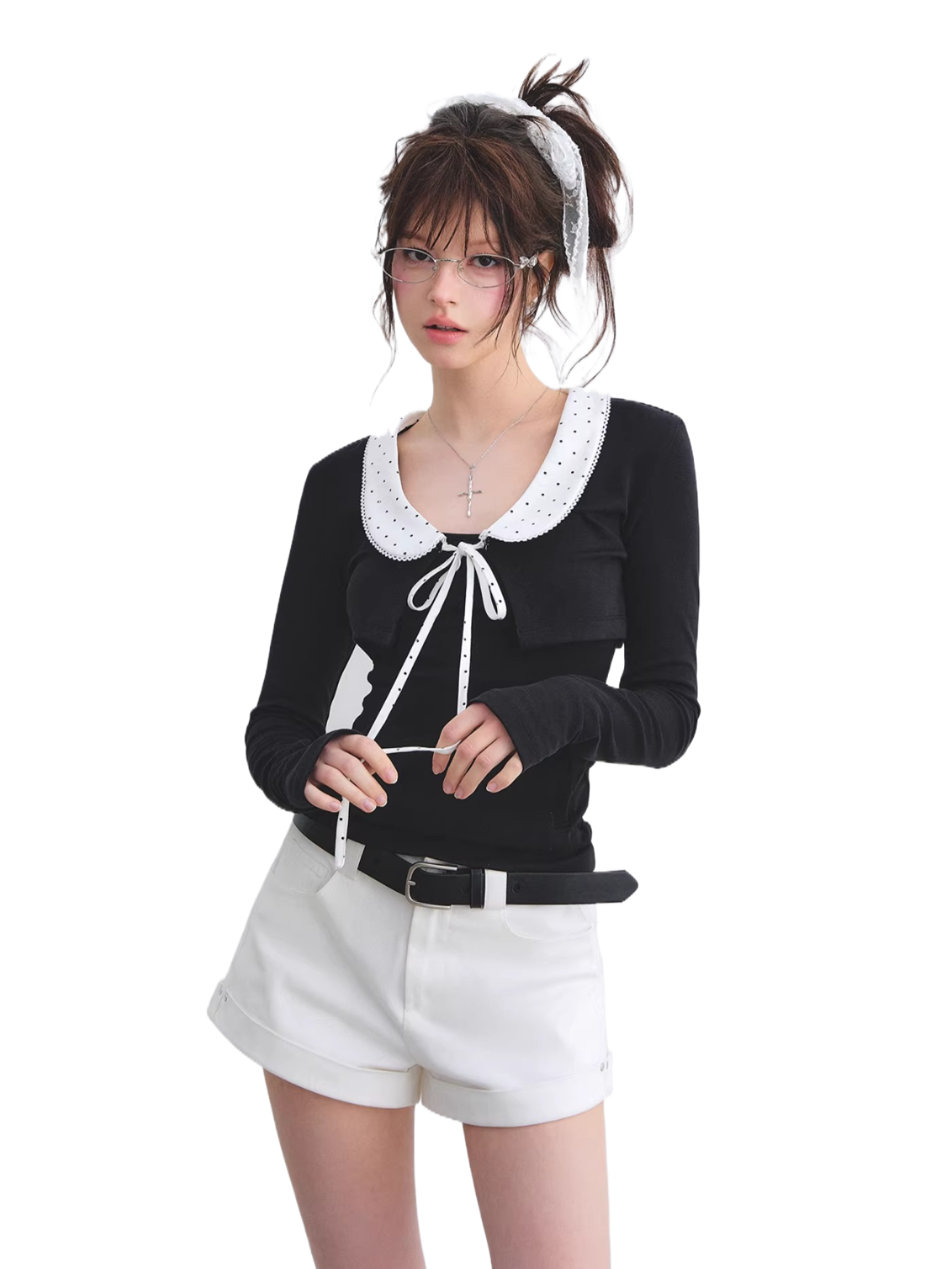 Polka Dot Lace Collar Long Sleeve Cardigan & Cami Two-Piece Set