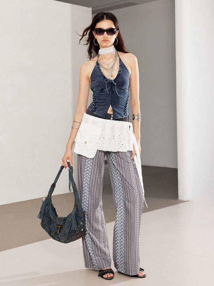 Printed Spliced Low-Waist Striped Wide-Leg Pants - CHINASQUAD