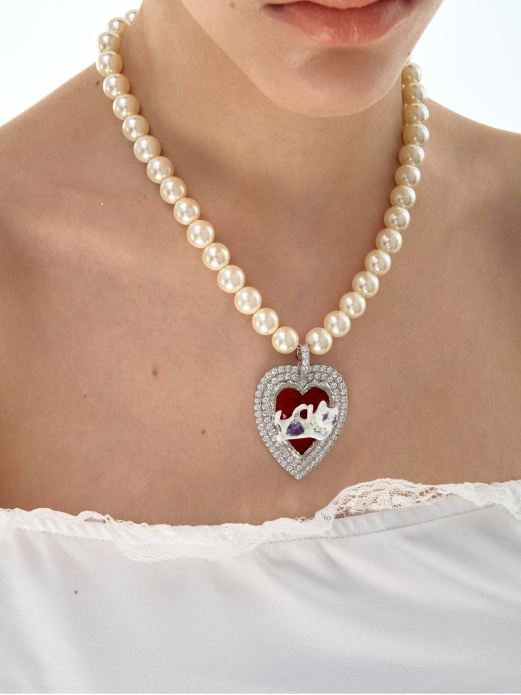 Cat Heart Enamel Pearl Necklace - CHINASQUAD