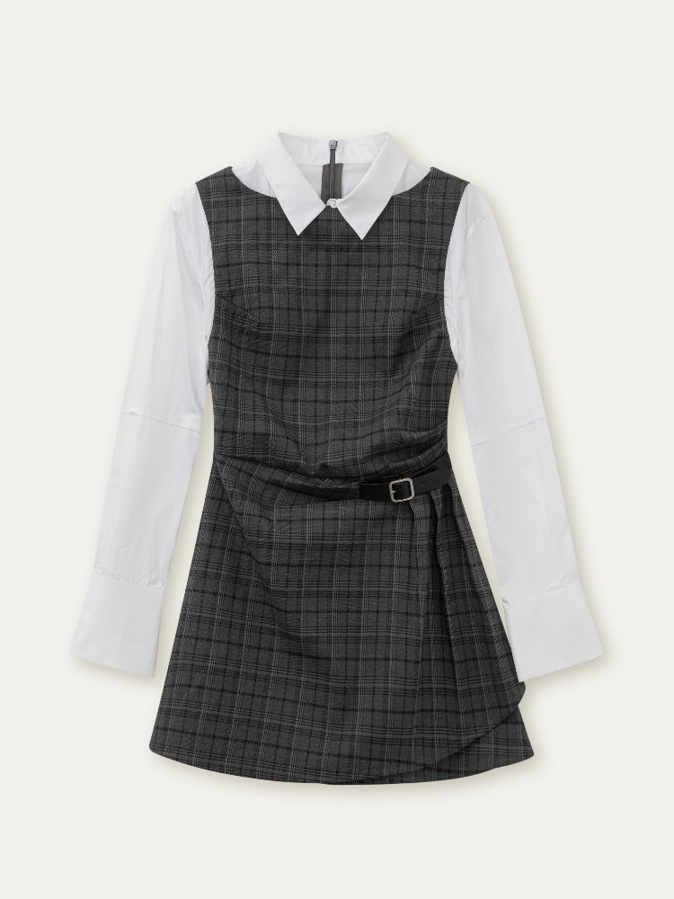 Fake Two-piece Checked Shirt Dress - CHINASQUAD