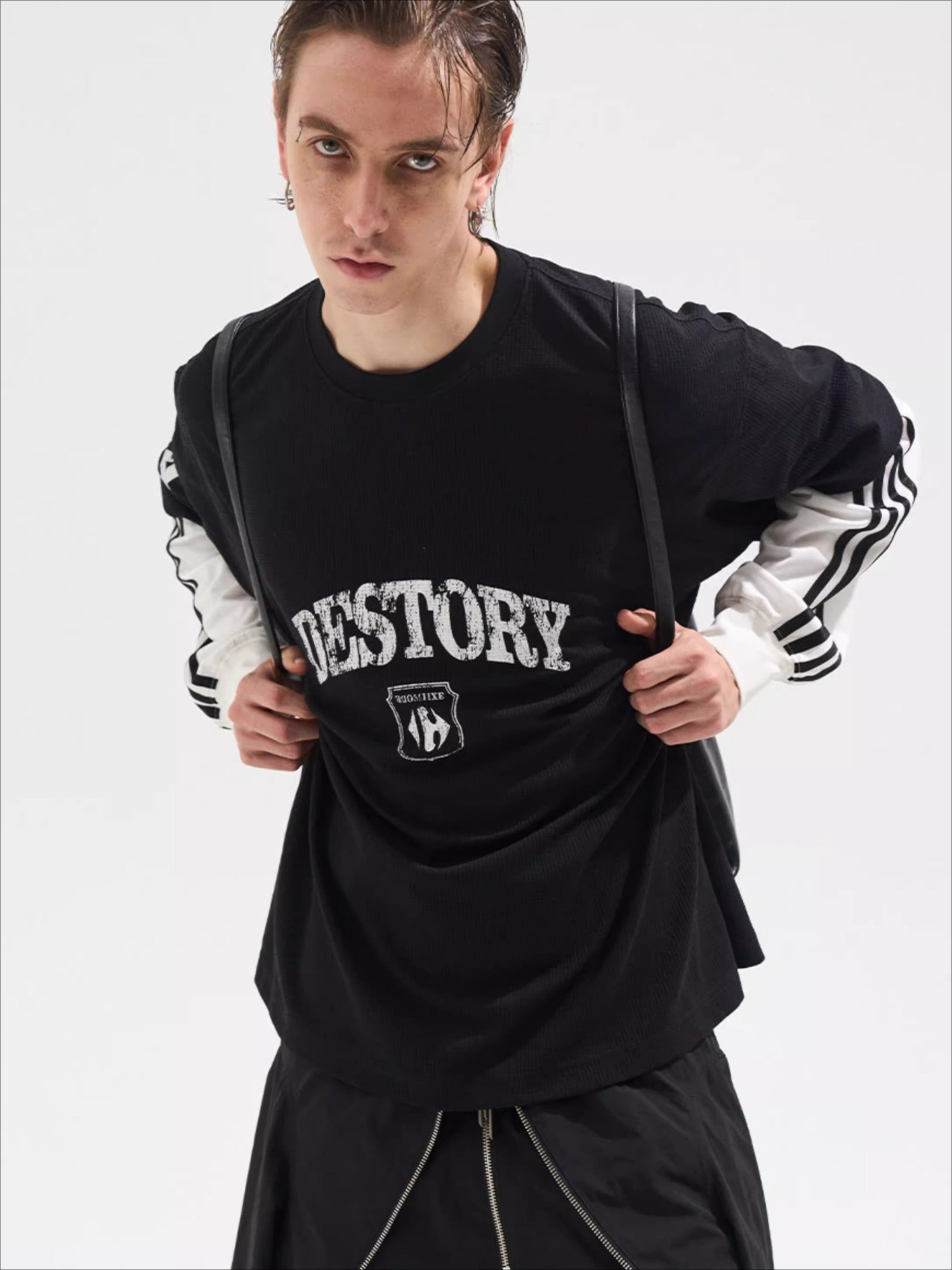 Faded Print Layered-Effect Patchwork Long Sleeve T-Shirt - CHINASQUAD