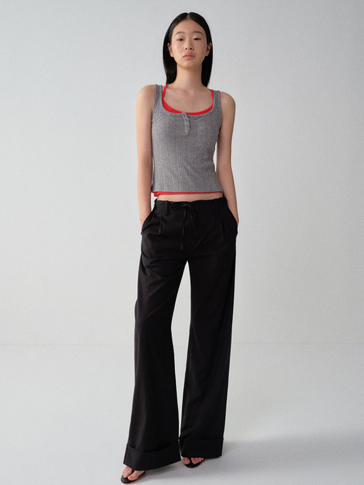 Black-Red Striped Cuffed Suit Wide-Leg Pants