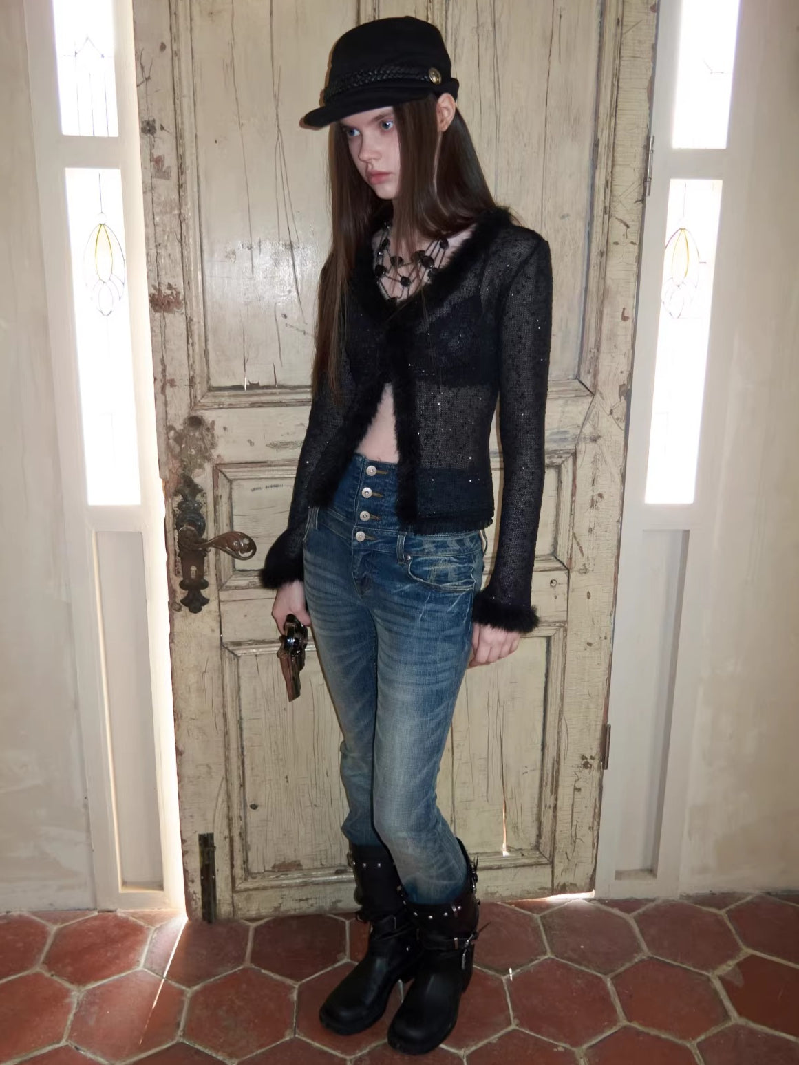 Sequin Knit Patchwork V-Neck Cardigan