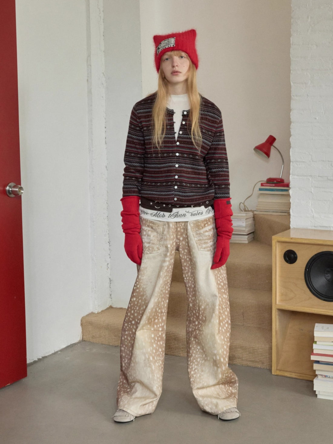 Vintage Deer Print Curved-Leg Canvas Pants