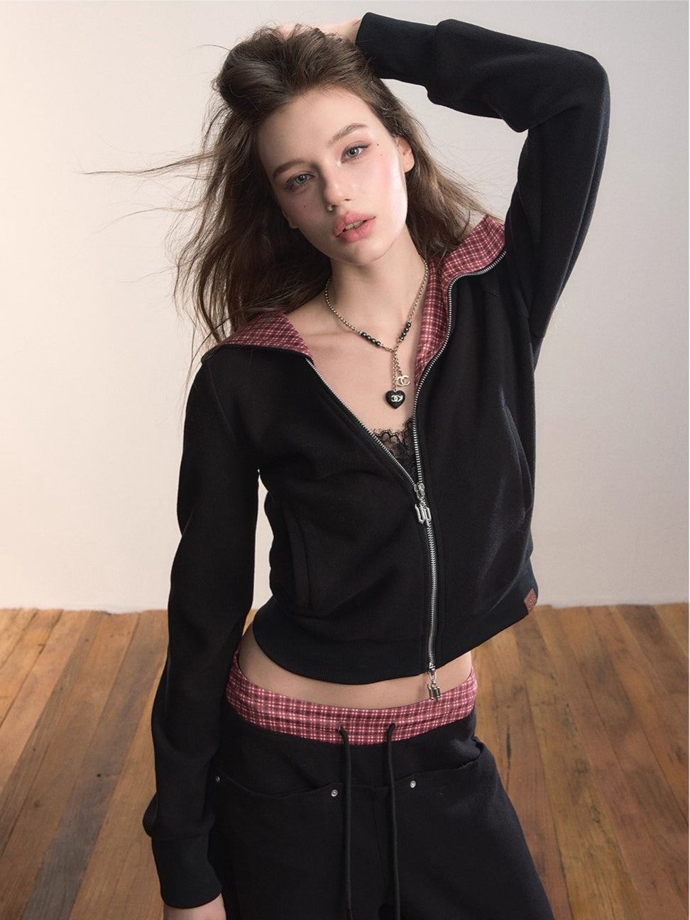 Asymmetric Contrast Collar Zip-up Hoodie - CHINASQUAD