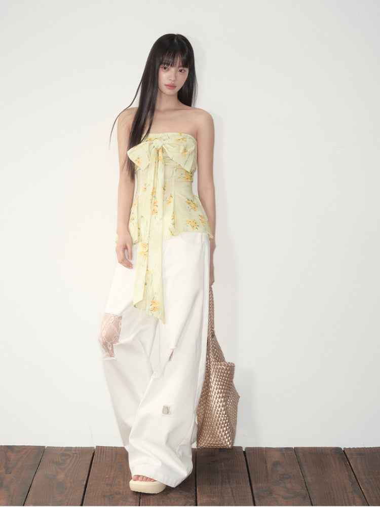 Yellow Floral Elastic Bow - adorned Strapless Top - CHINASQUAD